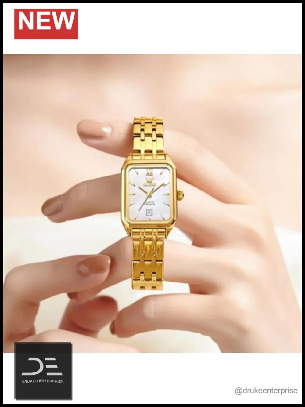 Square Stainless Steel Bracelet Watch with Date, Quartz Movement, Water